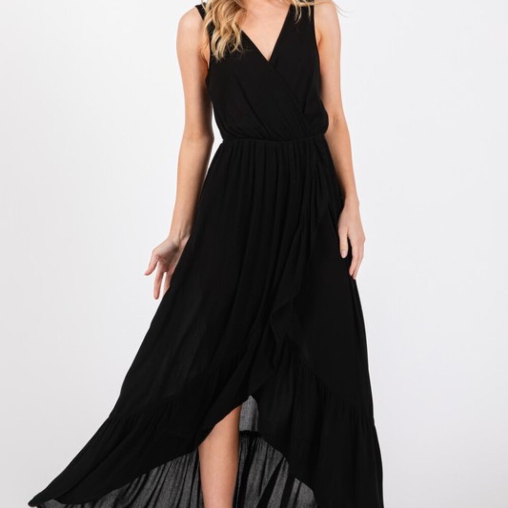 V-NECK SURPLICE RUFFLE DETAILED HIGH-LOW MAXI DRESS